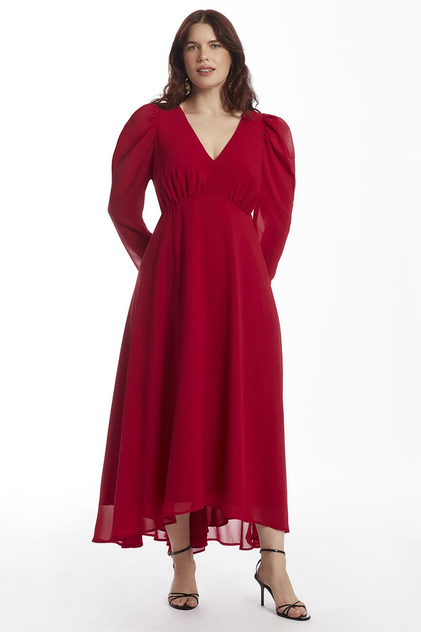 Puff Sleeve High-Low Maxi Chiffon Dress, RHUBARB, hi-res image number 0