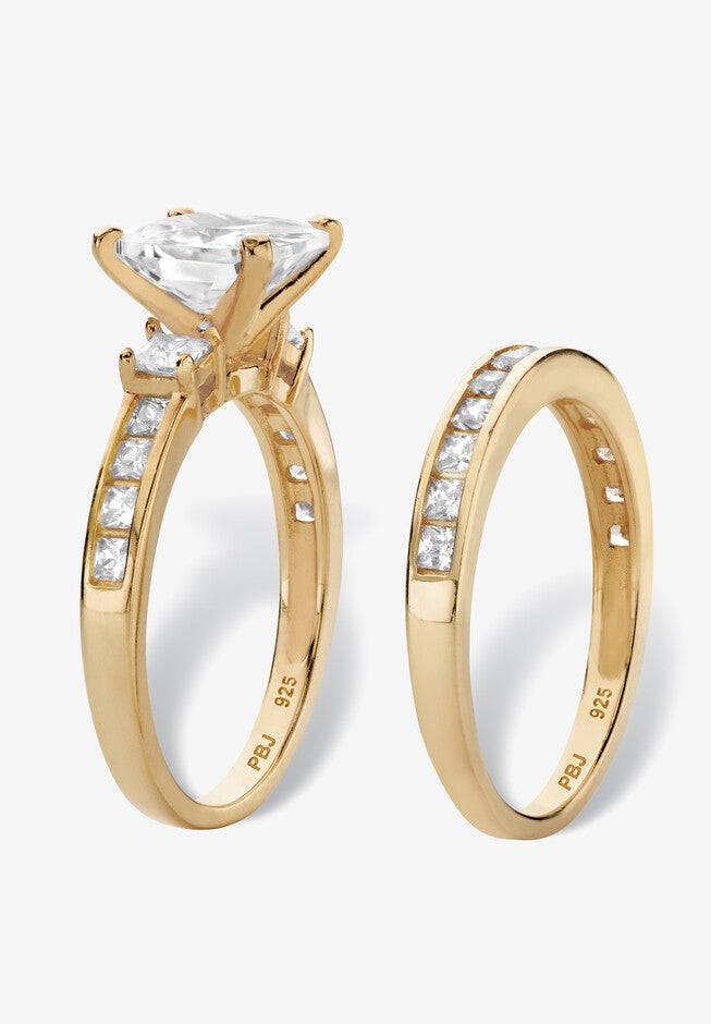 3.62 Cttw 2-Piece 14K Gold Plated .925 Silver Cubic Zirconia Wedding Ring Set, , on-hover image number null