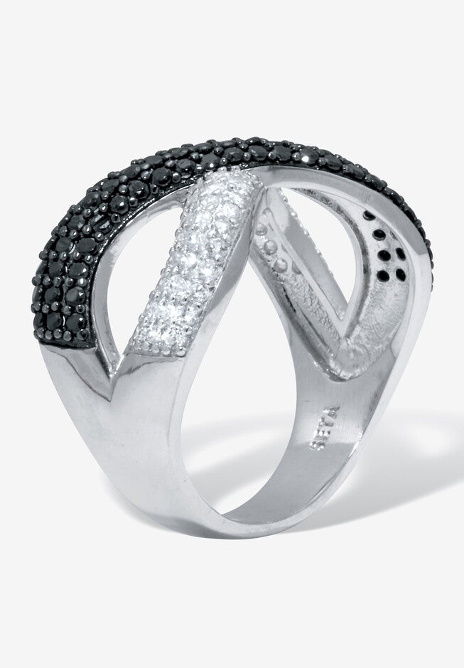 .54 Tcw Round Genuine Zircon And Black Spinel Sterling Silver Crossover Ring, , on-hover image number null