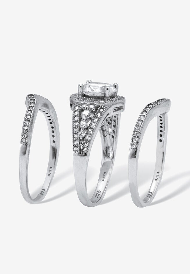 2.18 Tcw Round Cut Cubic Zirconia Platinum-Plated Sterling Silver Bridal Set, , on-hover image number null