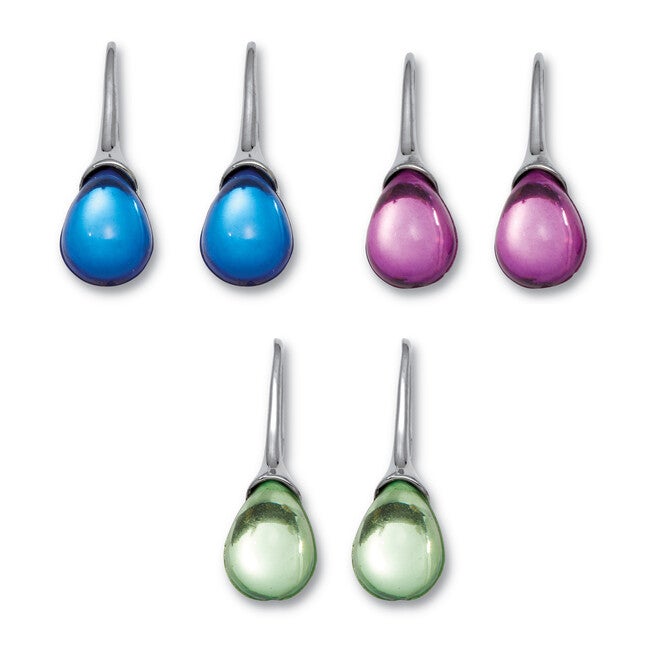 Pear Shaped Colorful Crystal Silvertone Drop Earrings, 3-Pair Set, BLUE, hi-res image number null