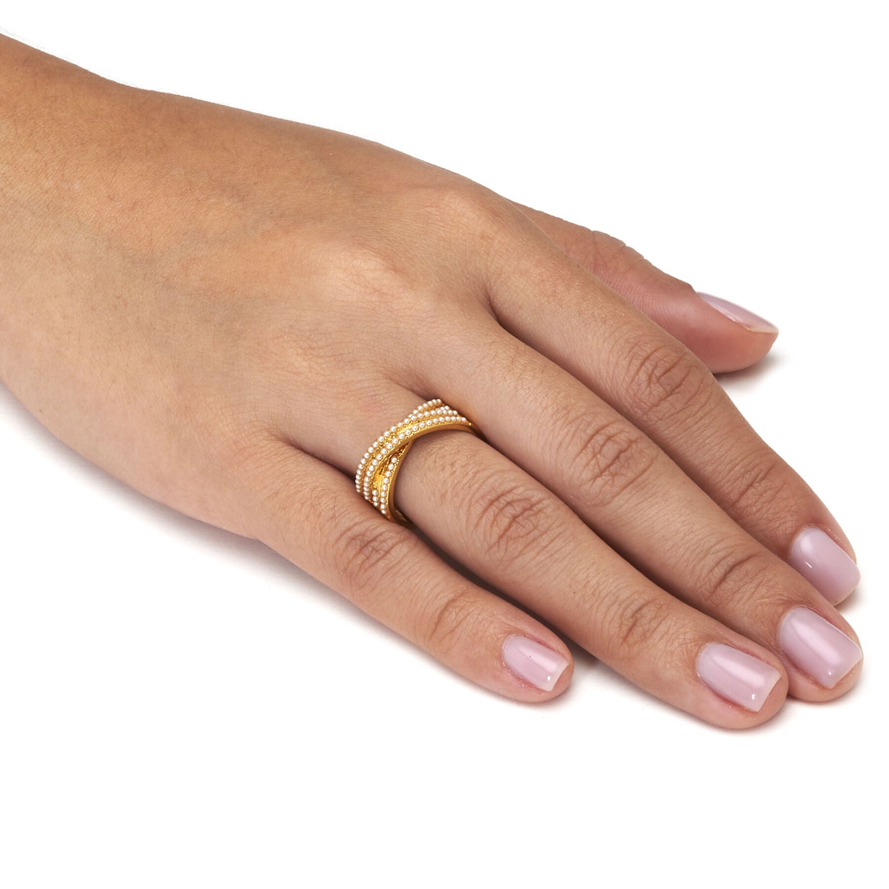 Crossover Pave Pearl 14K Gold-Plated  Ring, WHITE, alternate image number 2