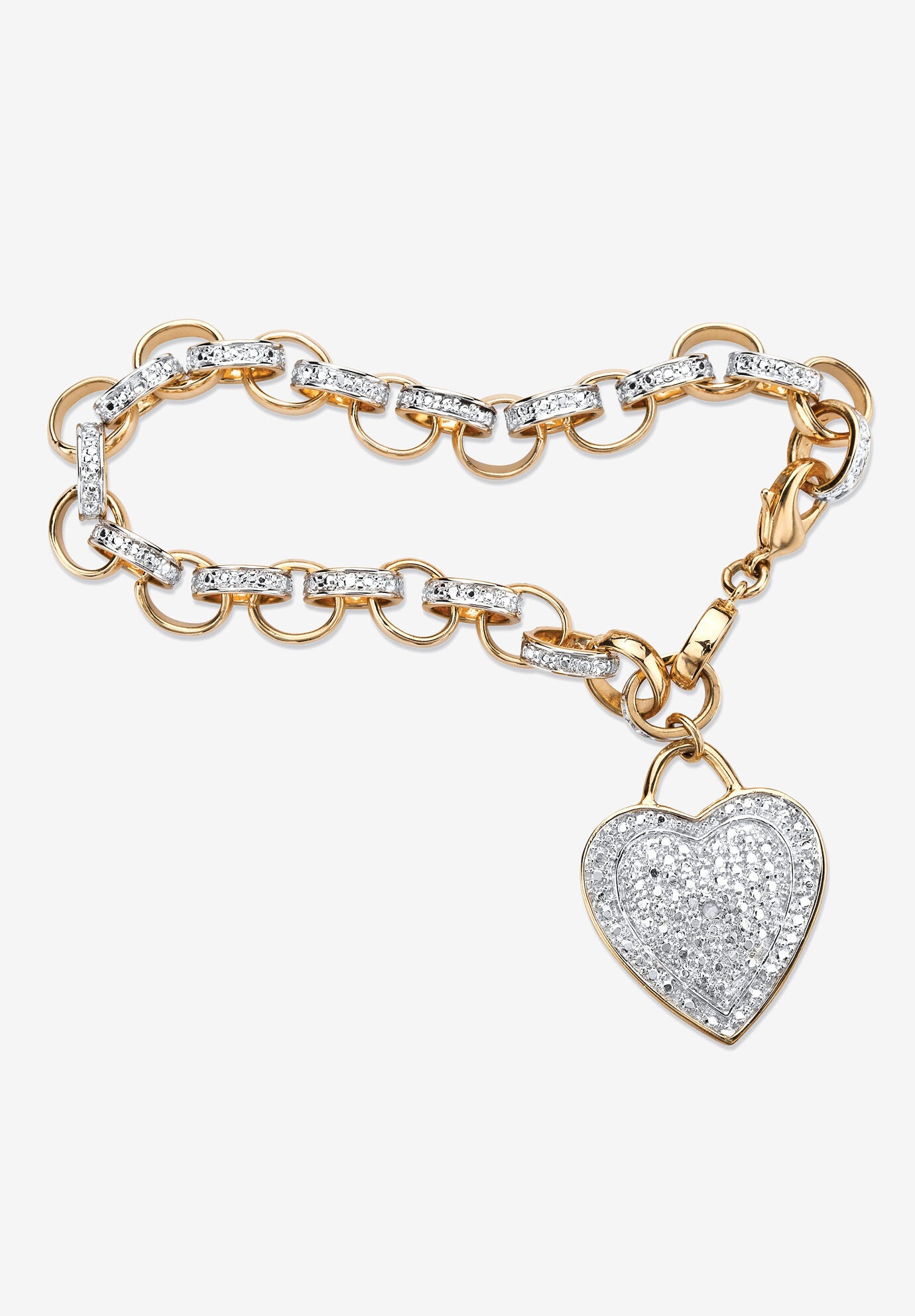Diamond Accent 18K Gold-Plated Heart Charm Rolo-Link Bracelet 7.75 inches, DIAMOND, hi-res image number 0