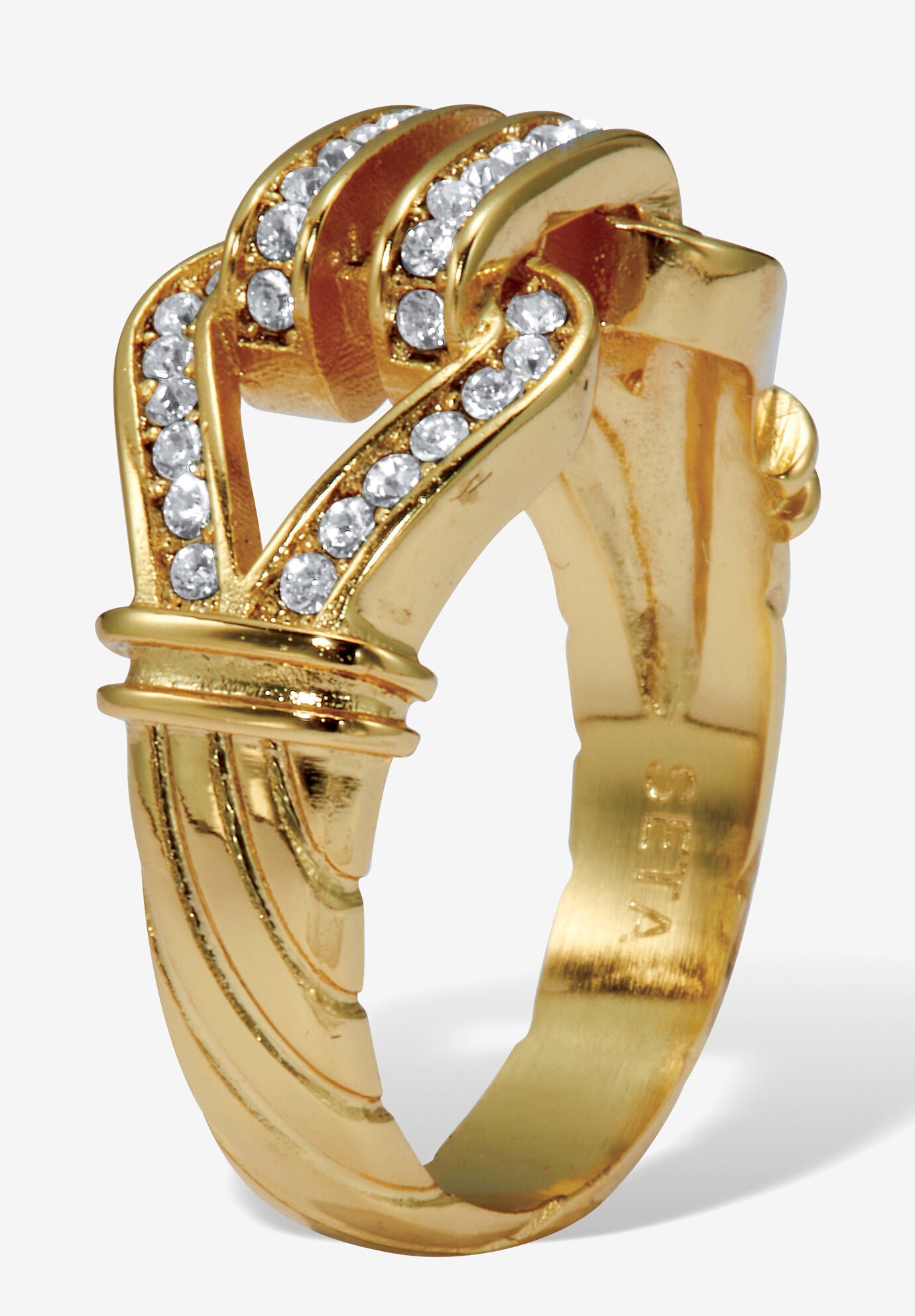 Round Crystal 14K Yellow Gold-Plated Link Ring, , on-hover image number 1