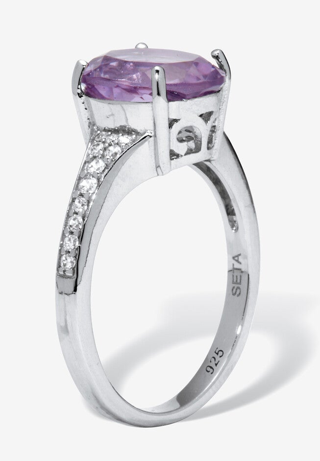 3.40 Tcw Oval Genuine Purple Amethyst And Cubic Zirconia Sterling Silver Ring, , on-hover image number null