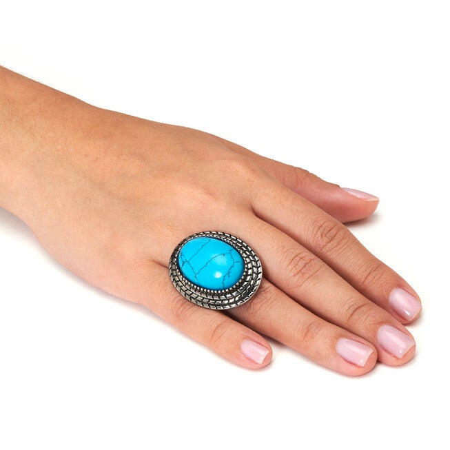Stainless Steel Turquoise Boho Cocktail Ring, BLUE, alternate image number null