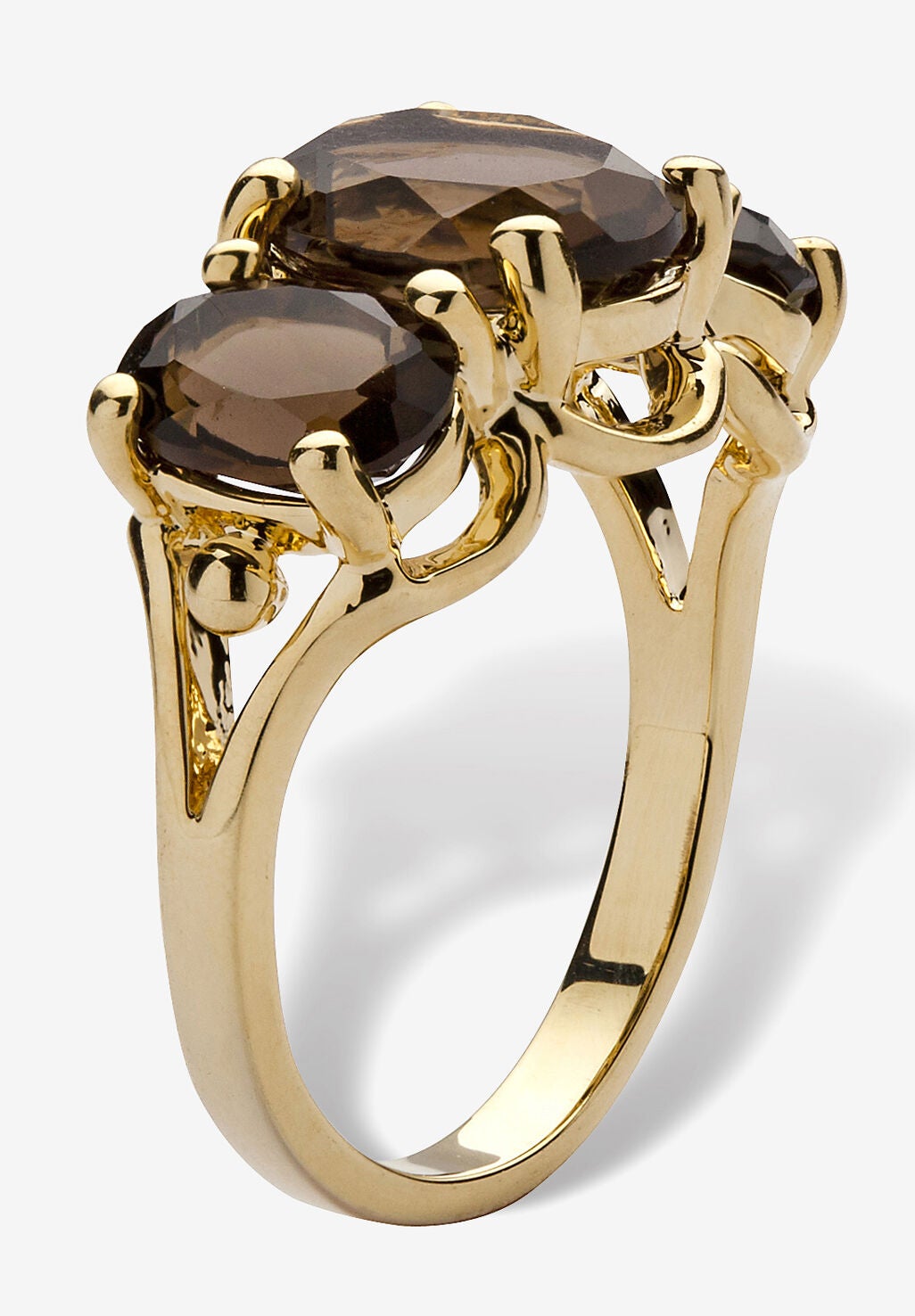 4.90 Tcw Oval-Cut Genuine Smoky Quartz Yellow Gold-Plated 3-Stone Ring, , on-hover image number 1