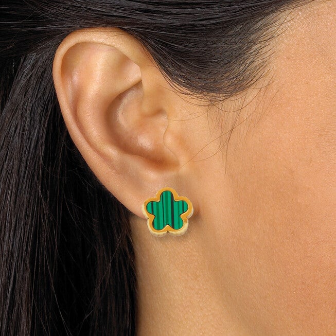 Genuine Green Malachite Gold Ion-Plated Stainless Steel Clover Jewelry Set, GREEN, alternate image number null