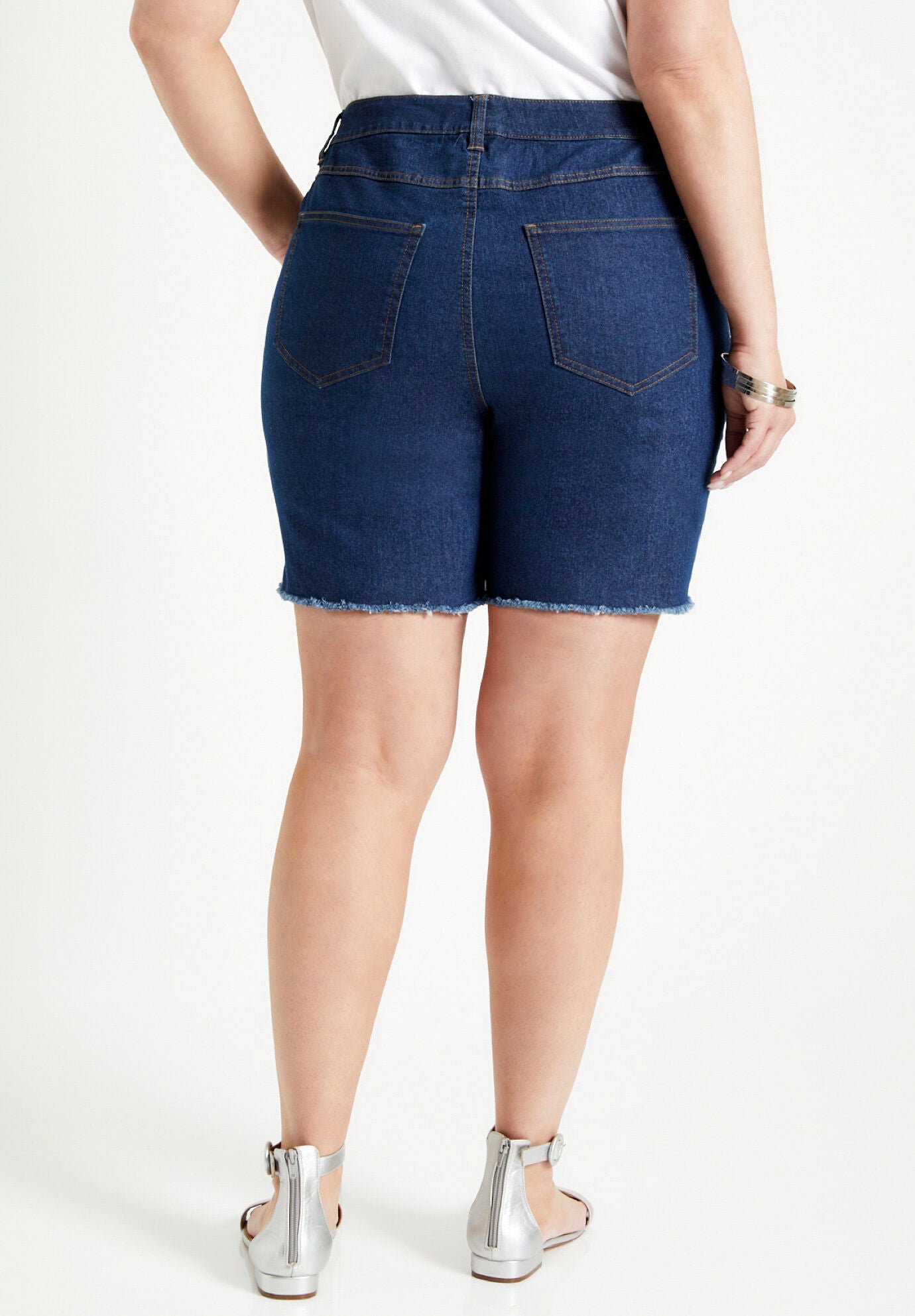 Raw Hem Curvie Fit Denim Shorts, MEDIUM BLUE, on-hover image number 1