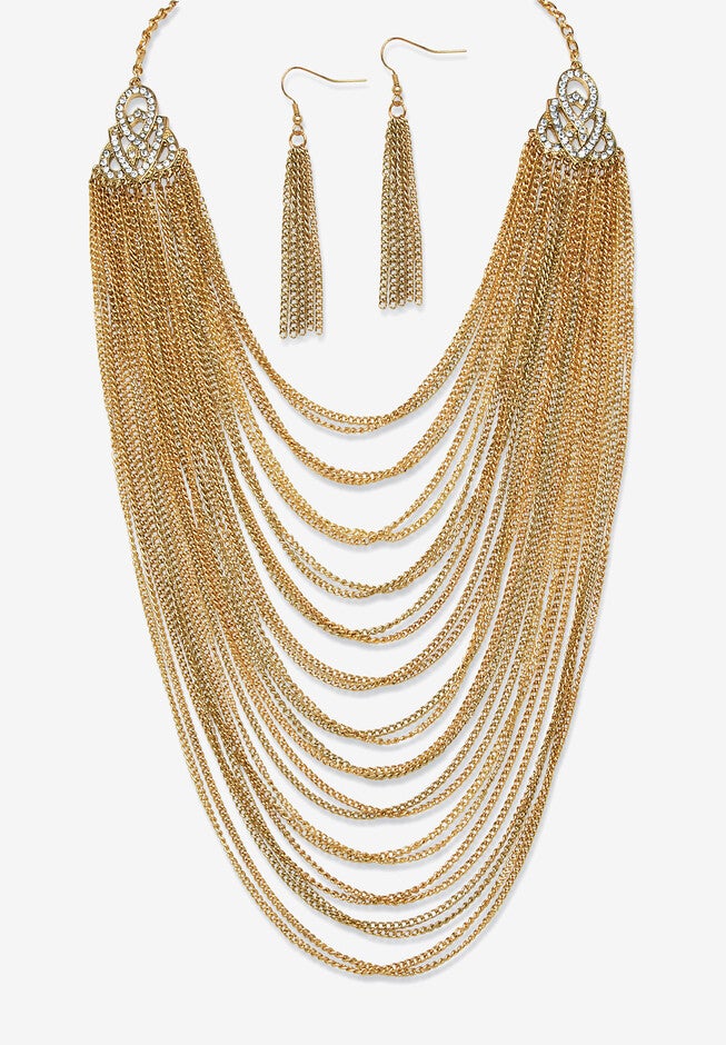 Gold Tone Waterfall 22 inches Necklace and Drop Earring Set, GOLD, hi-res image number null