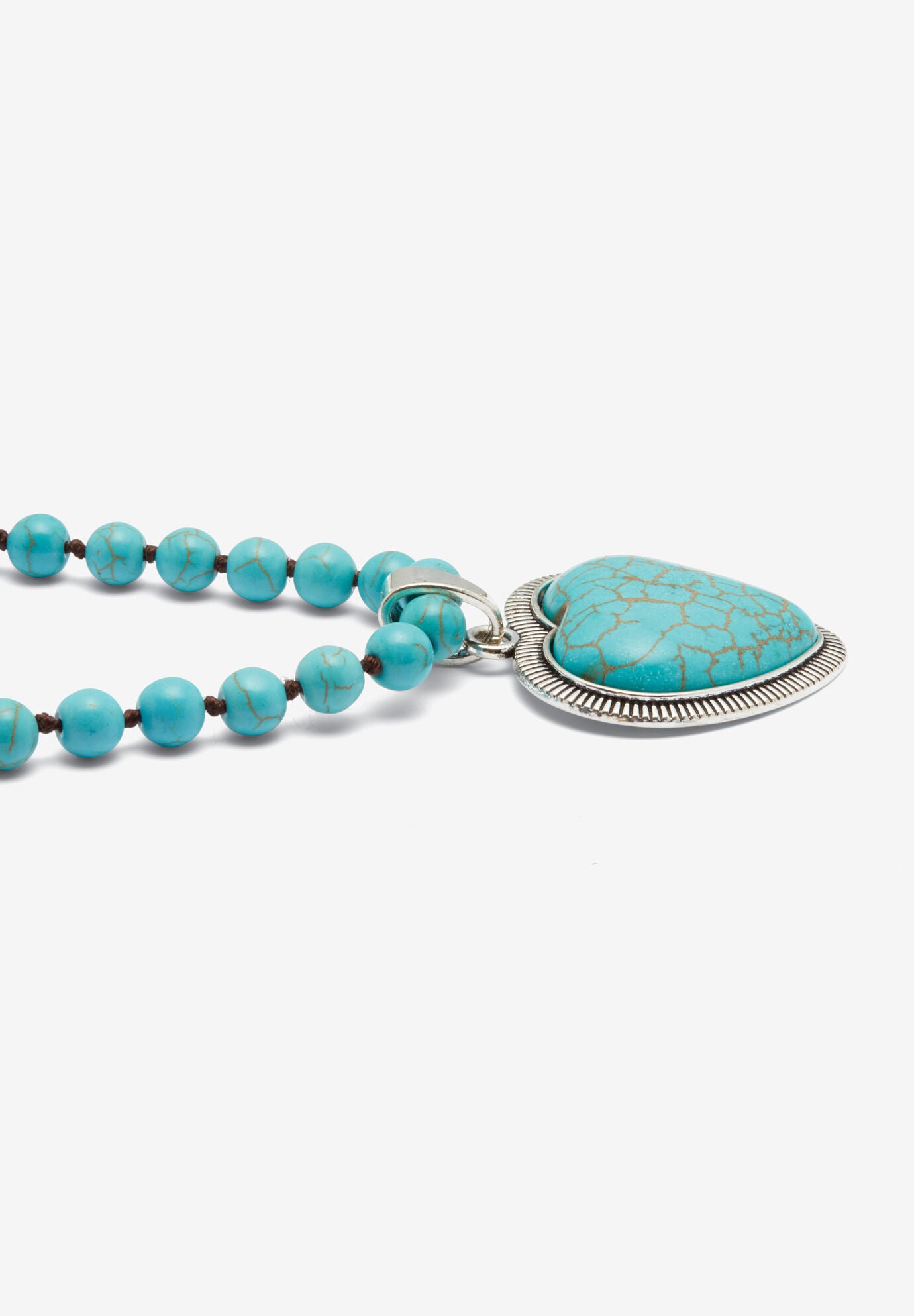 Genuine Turquoise Antiqued Silvertone Heart Pendant Necklace, 34 Inches, , on-hover image number 1