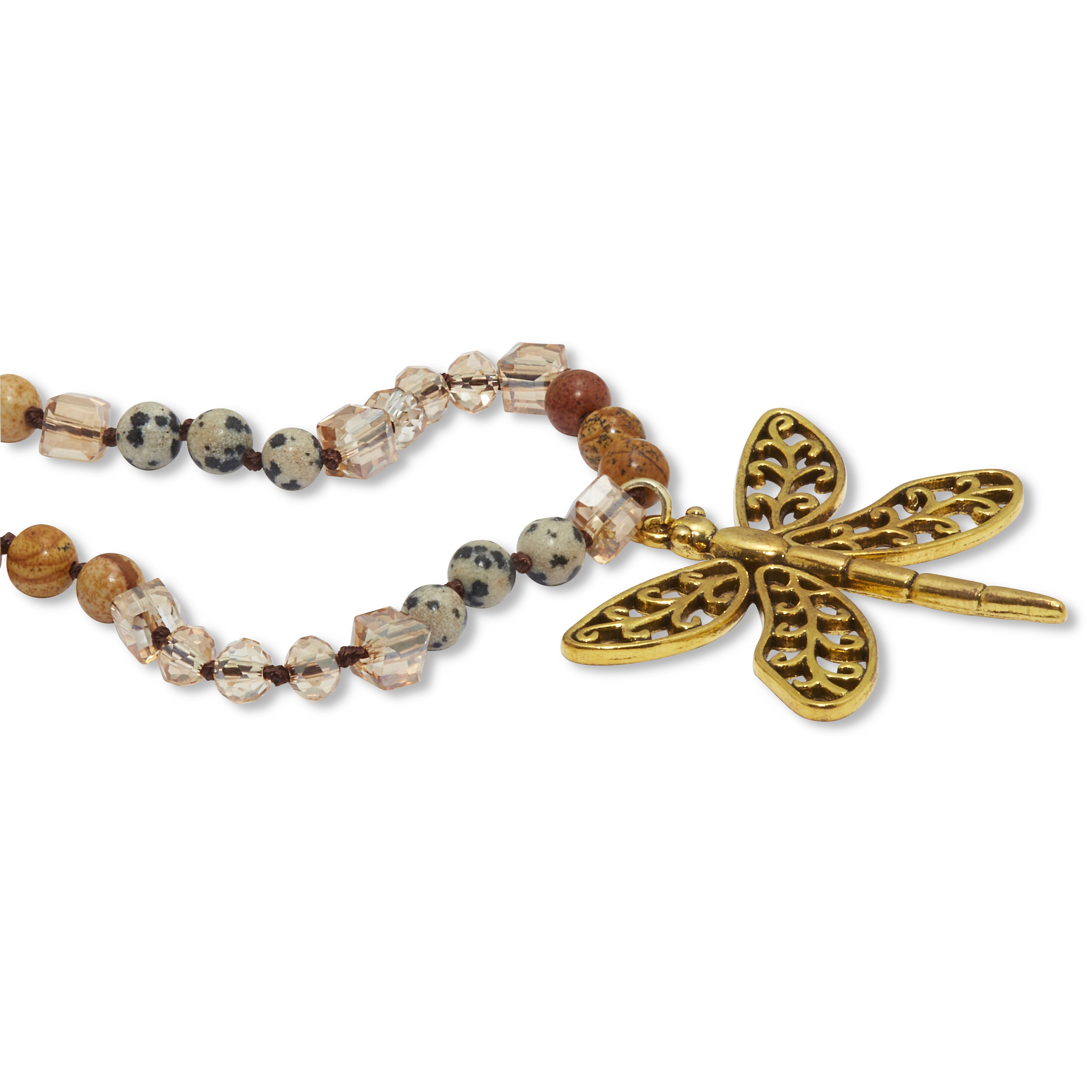 Round Genuine Jasper Goldtone Dragonfly Pendant Necklace 34-inch, DENIM, on-hover image number 1