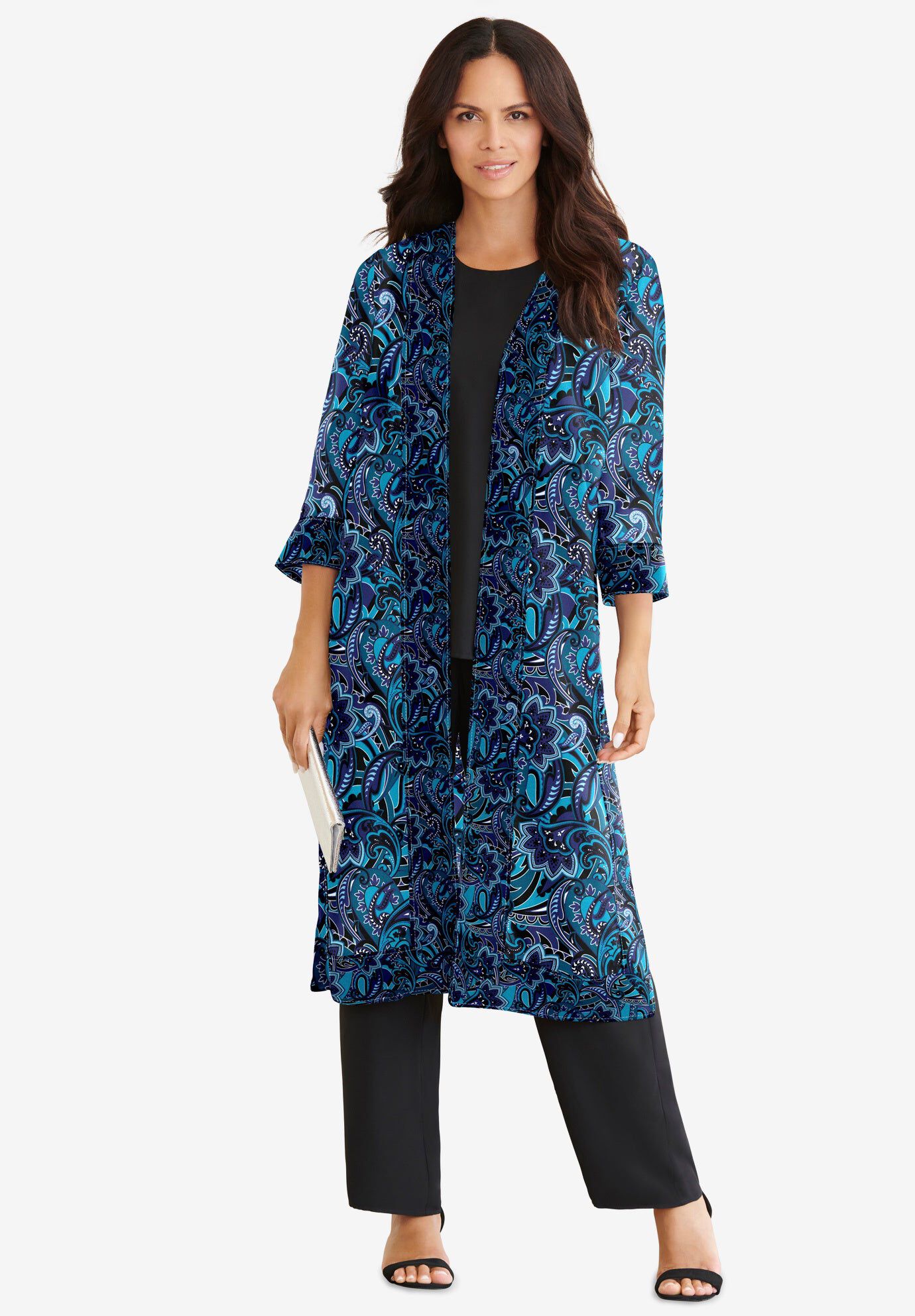 Plus-Size 3/4 Sleeve 3 Piece ITY Printed Duster Pant Set, BLACK LAYERED PAISLEY, hi-res image number 0