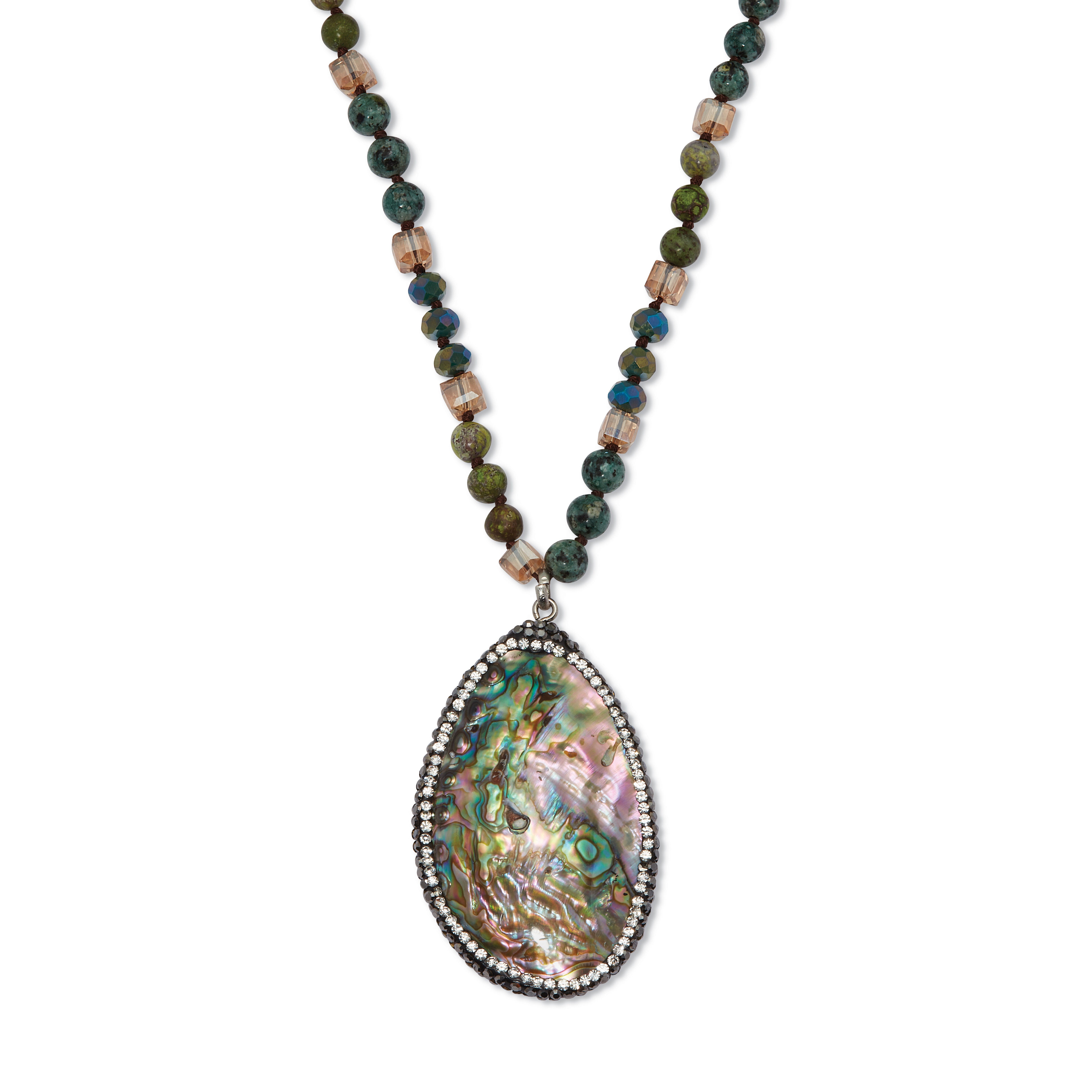 Genuine Jasper and Mother of Pearl Silvertone Drop Necklace 34-inch, GRAY, hi-res image number 0