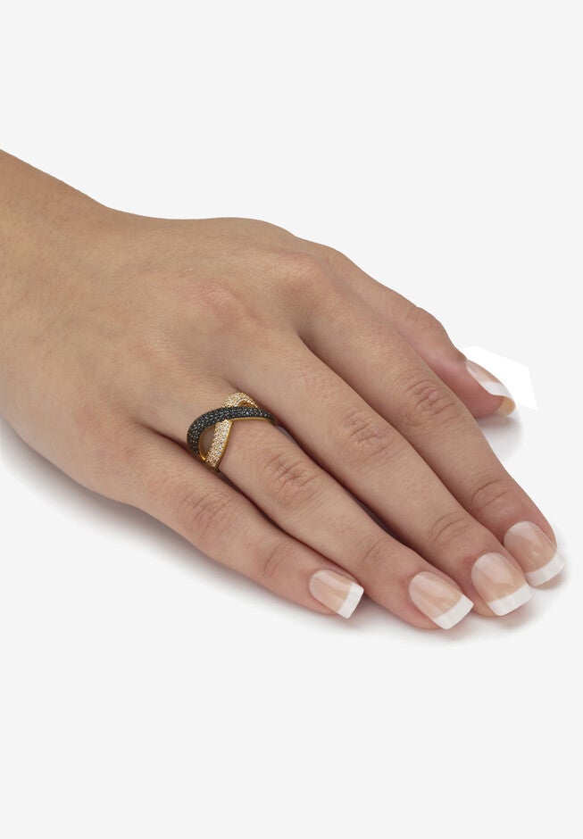 .49 Tcw Round Cz And Black Spinel Gold Ion-Plated Sterling Silver Crossover Ring, , alternate image number null