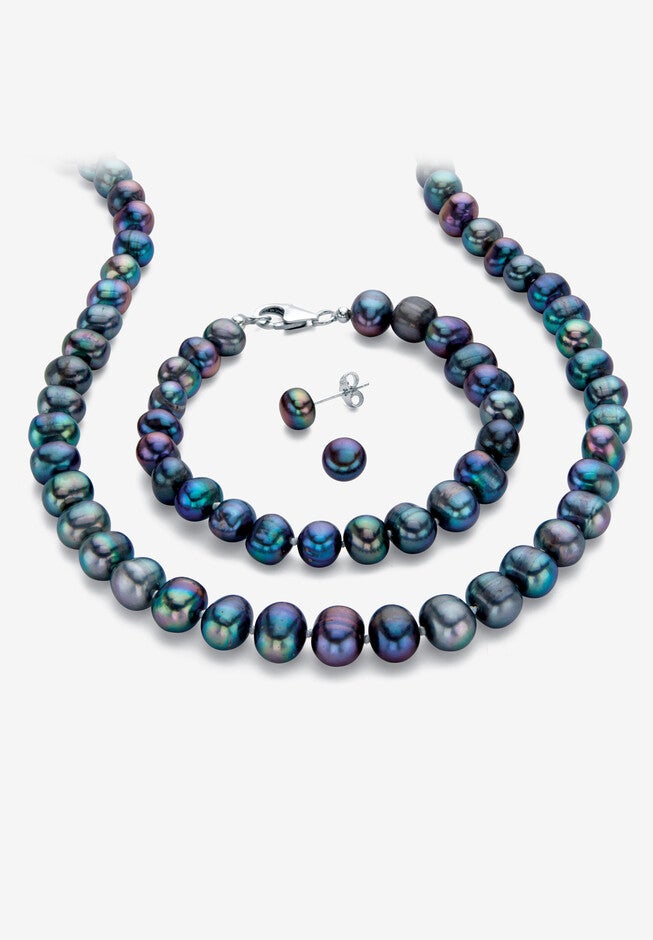 Genuine Cultured Blue Pearl Silvertone Earring, Necklace And Bracelet Set 18 inches, BLACK BLUE, hi-res image number null