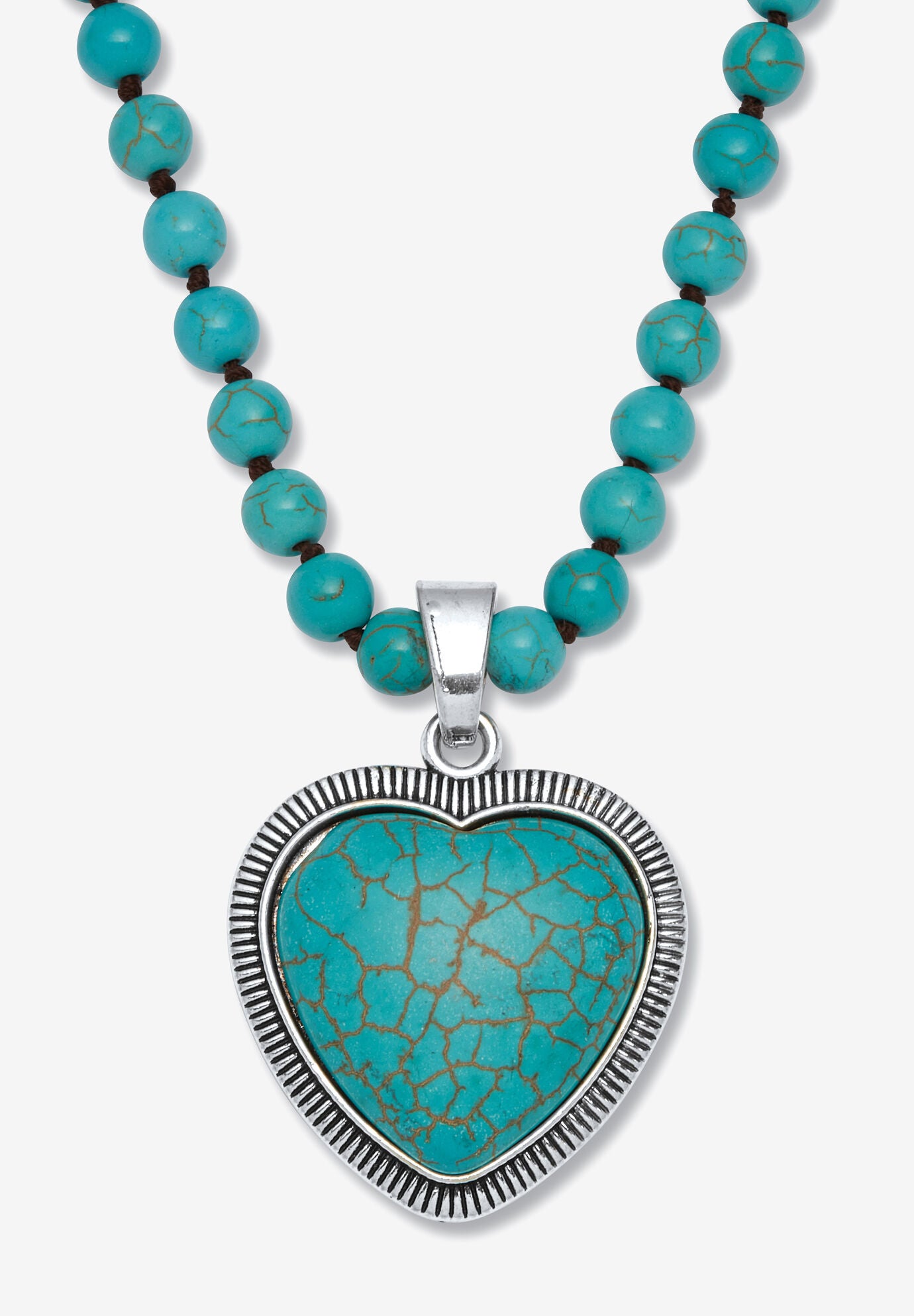 Genuine Turquoise Antiqued Silvertone Heart Pendant Necklace, 34 Inches, TURQUOISE, hi-res image number 0