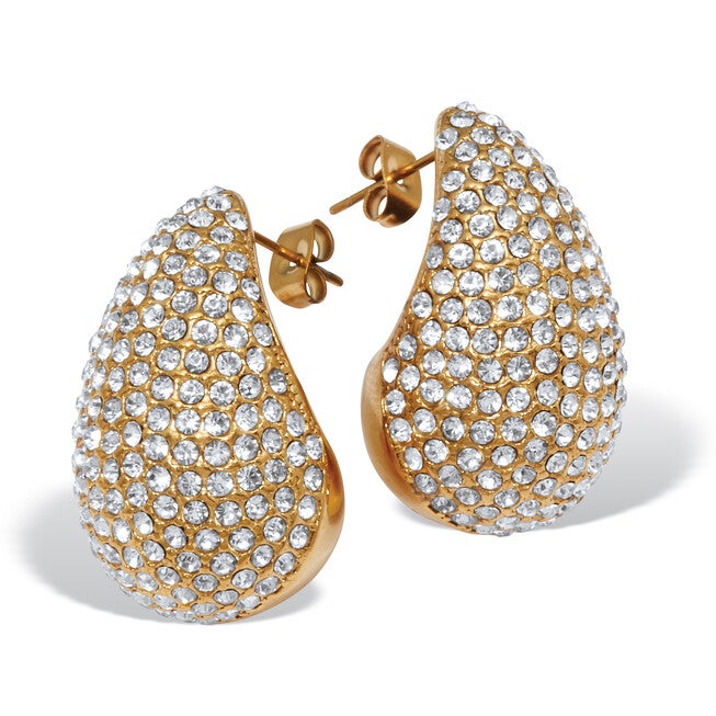 Round Crystal Yellow Gold Ion-Plated Stainless Steel Drop Earrings, WHITE, hi-res image number null