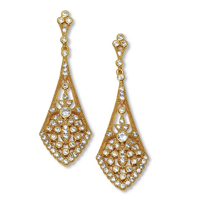Round Crystal Goldtone Antiqued Drop Earrings, 50x15mm, WHITE, hi-res image number 0