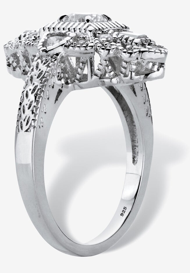 1.03 Cttw. Round Cubic Zirconia Platinum-Plated Sterling Silver Art Deco-Style Ring, , on-hover image number null