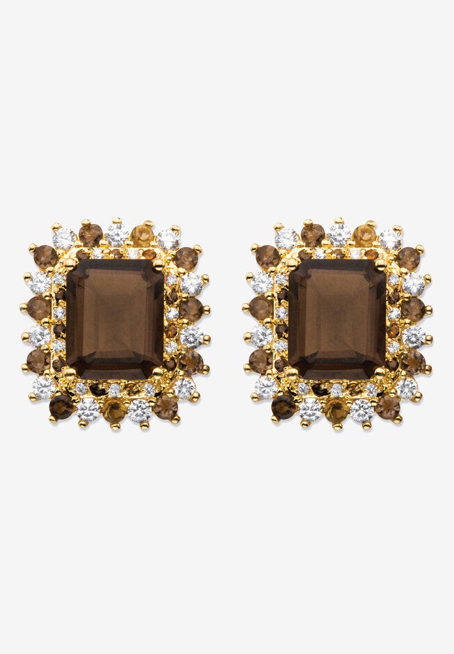 10.31 Tcw Emerald-Cut Genuine Smoky Topaz And Cz Gold-Plated Halo Earrings, BROWN, hi-res image number null