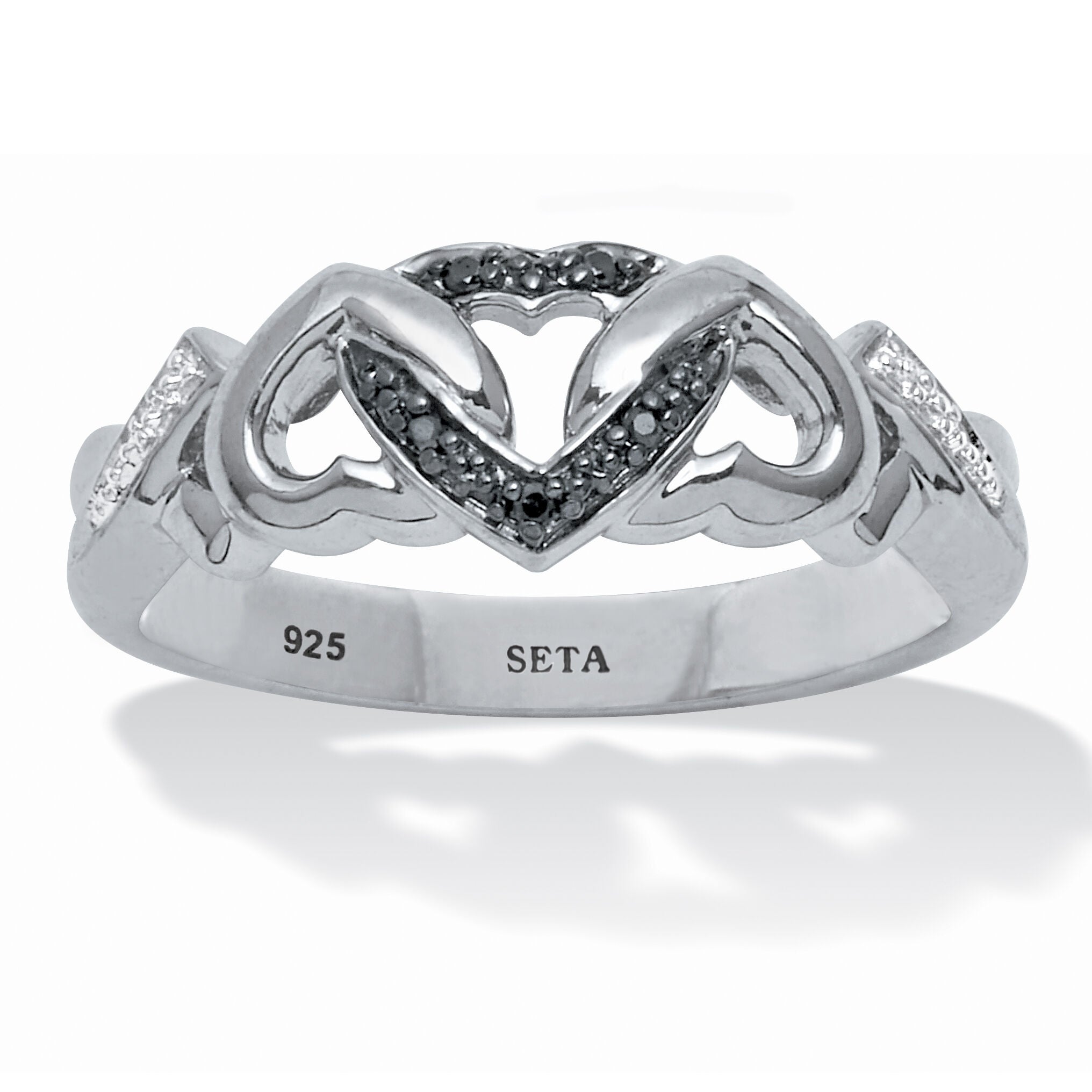 Black and White Diamond Interlocking Hearts Platinum-plated Sterling Silver Ring, BLACK, hi-res image number 0