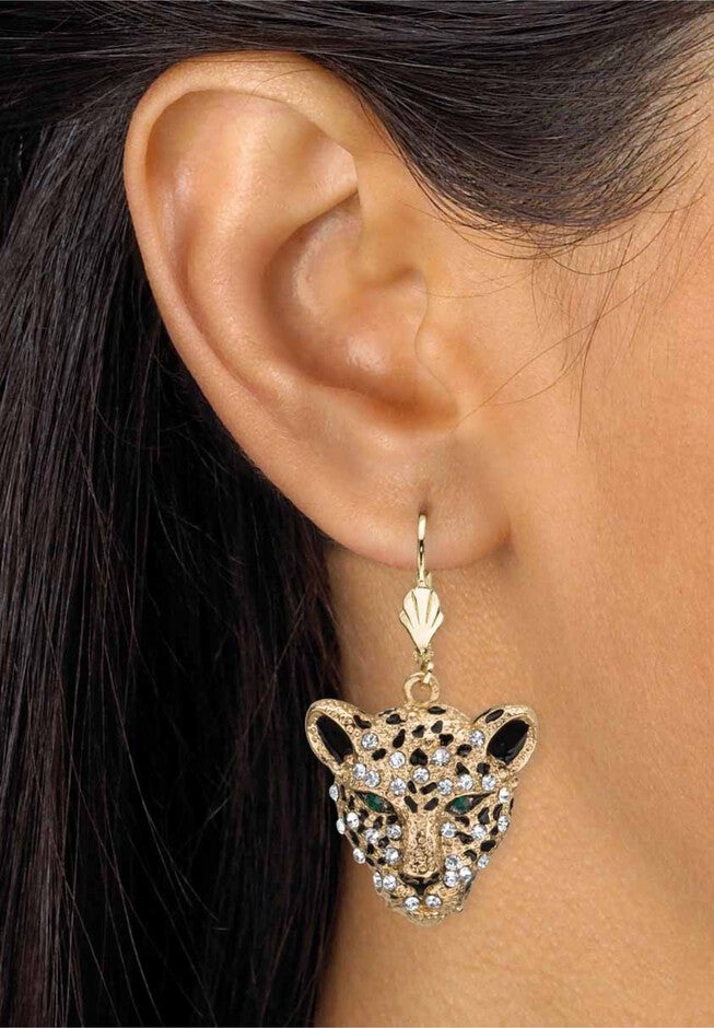 Gold Tone Leopard Face Drop Earrings, , alternate image number 2