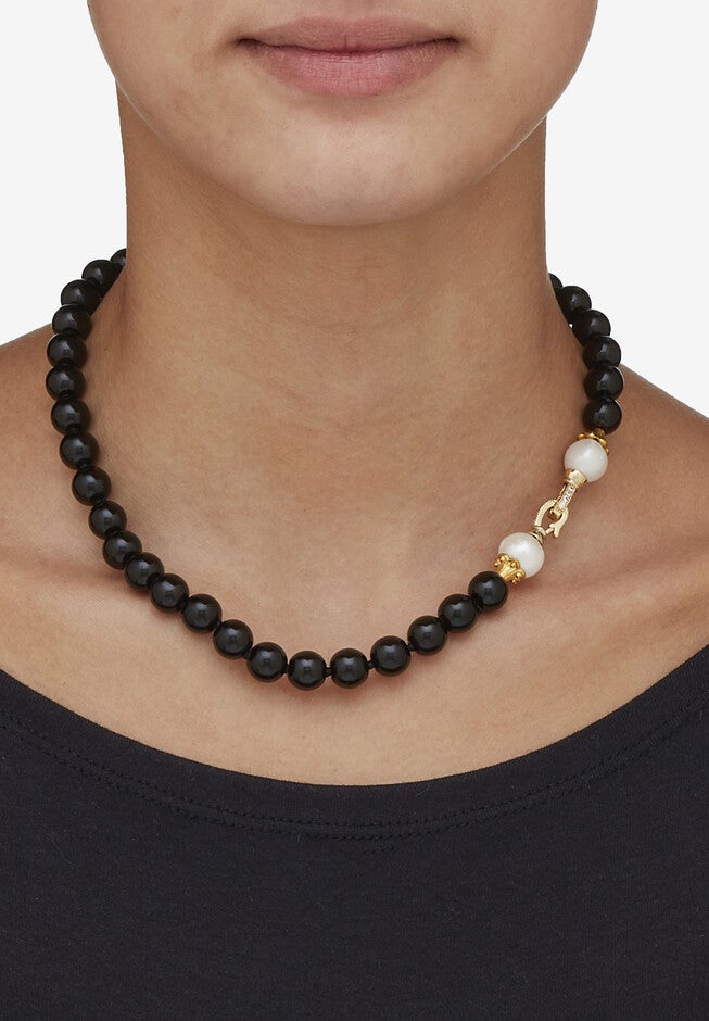 1.72 Cttw. Black Agate & Keshi Pearl Drop Beaded Necklace Gold-Plated 20 inches Length, , on-hover image number null