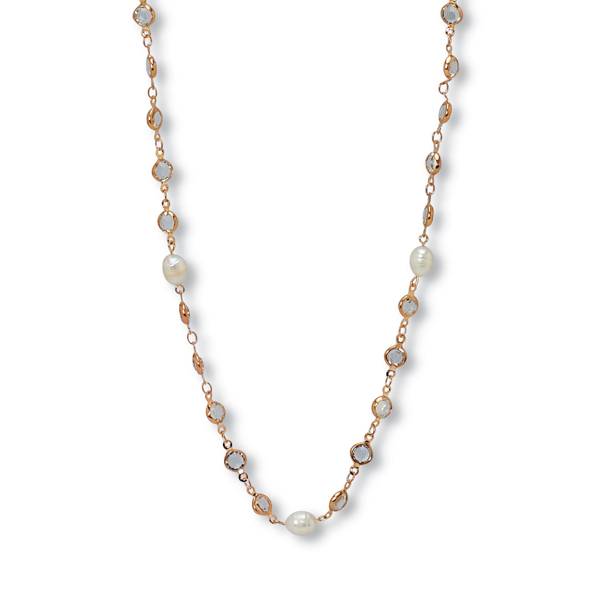 White Crystal and Pearl Gold Ion-Plated Stainless Steel Long Necklace, 40 Inches, WHITE, hi-res image number 0