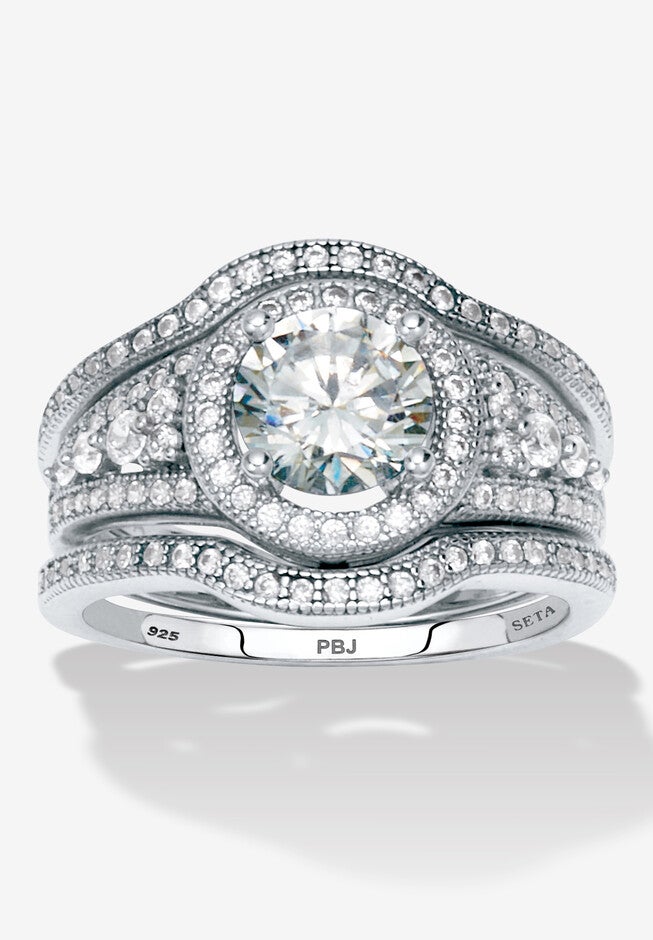 2.18 Tcw Round Cut Cubic Zirconia Platinum-Plated Sterling Silver Bridal Set, SILVER, hi-res image number null