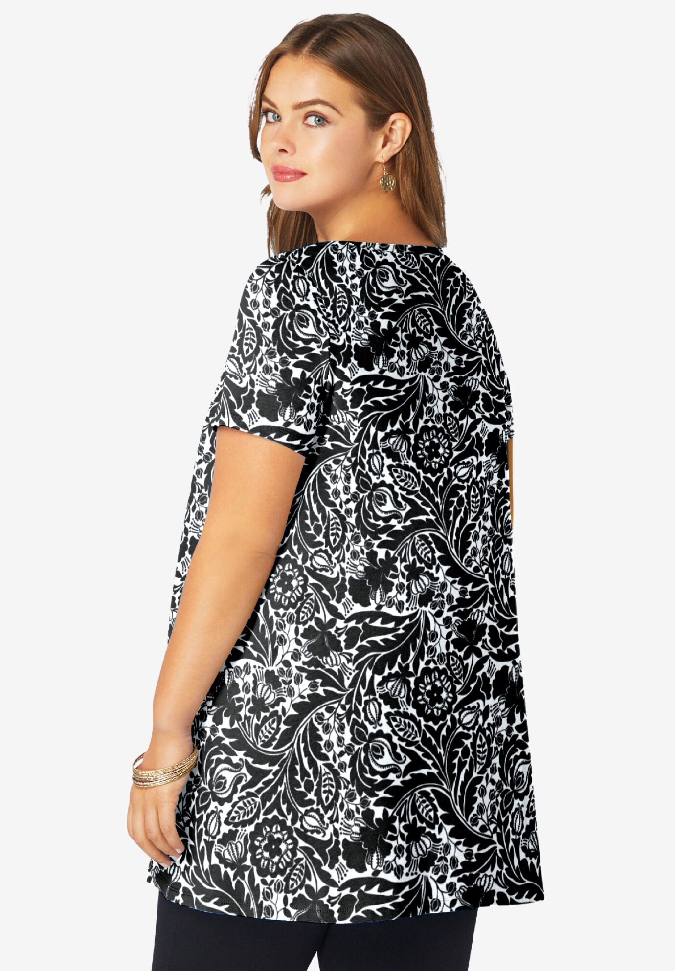 Plus Size Cotton Ultimate Scoopneck Swing Tunic, BLACK WHITE FLORAL, alternate image number 2