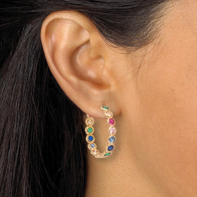 3 TCW Round Rainbow Cubic Zirconia Gold-Plated Hoop Earrings, GREEN, alternate image number 2