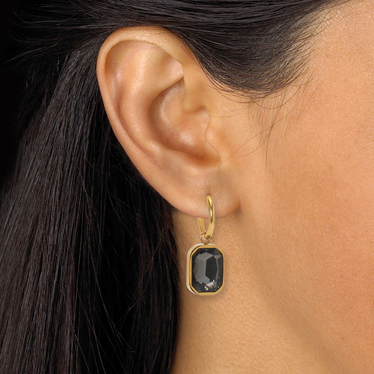 Emerald Cut Crystal Yellow Gold Ion-Plated Stainless Steel Huggie Earrings Set, BLACK, alternate image number 3