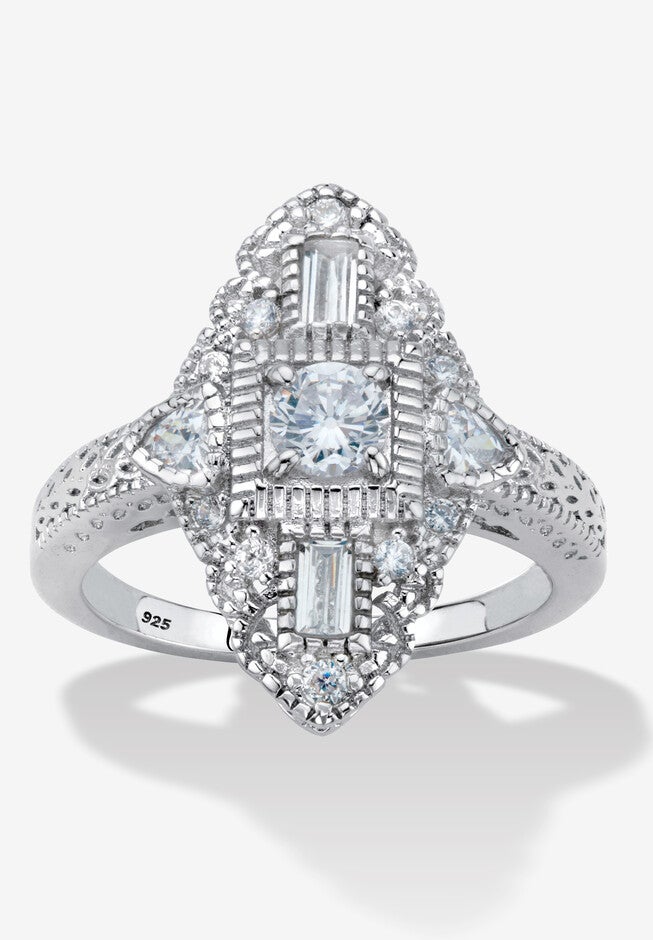 1.03 Cttw. Round Cubic Zirconia Platinum-Plated Sterling Silver Art Deco-Style Ring, SILVER, hi-res image number null