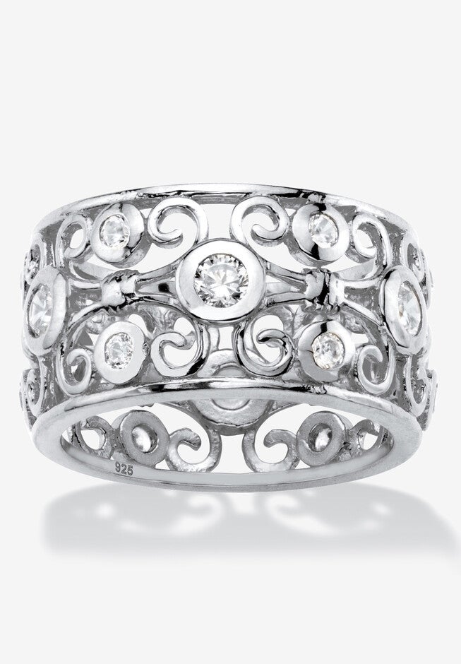 1 Tcw Round Cubic Zirconia .925 Sterling Silver Scroll Eternity Ring, SILVER, hi-res image number null