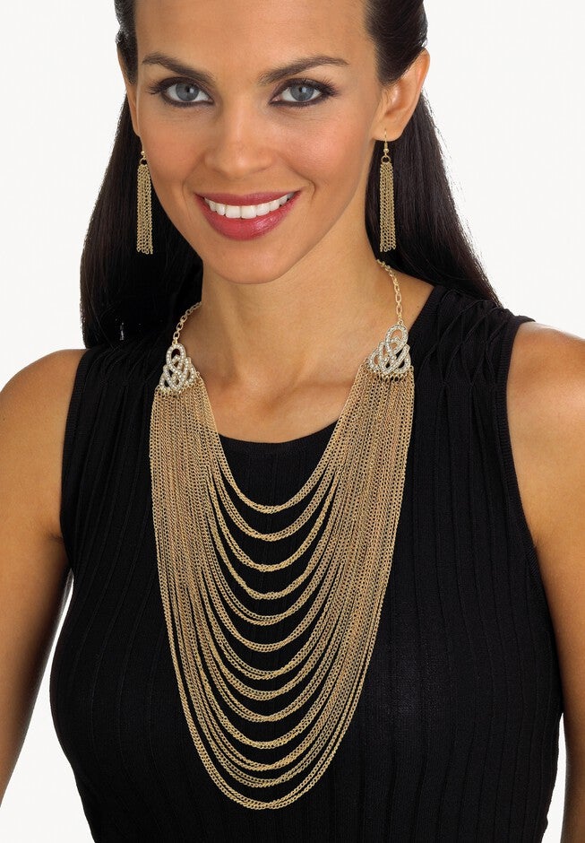 Gold Tone Waterfall 22 inches Necklace and Drop Earring Set, , alternate image number null