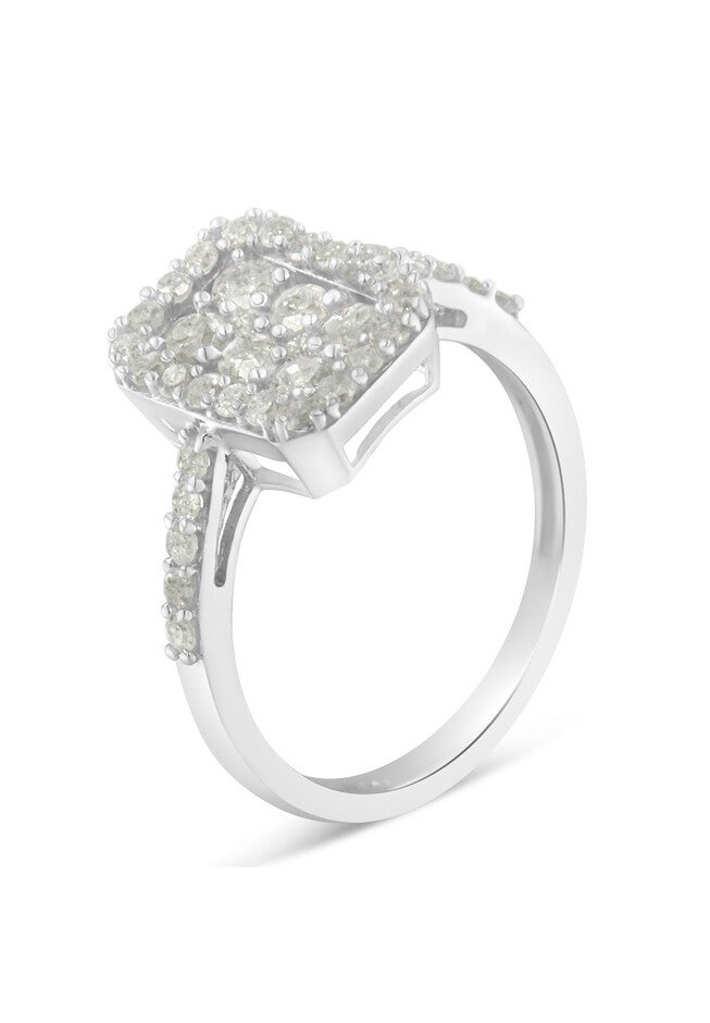 Sterling Silver Diamond Emeraldshaped Cluster With Halo Cathedral Style Cocktail Ring, , alternate image number null
