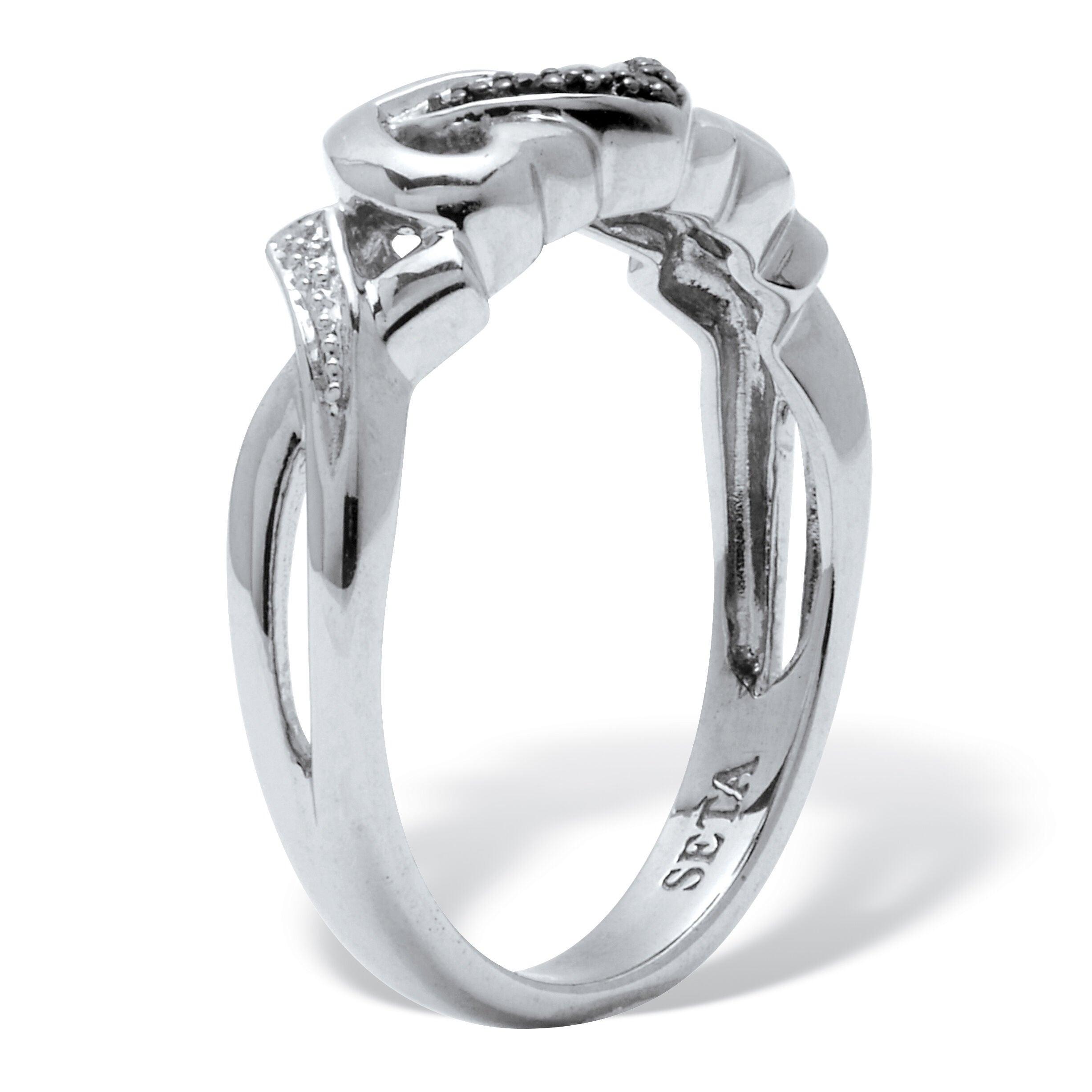 Black and White Diamond Interlocking Hearts Platinum-plated Sterling Silver Ring, BLACK, on-hover image number 1