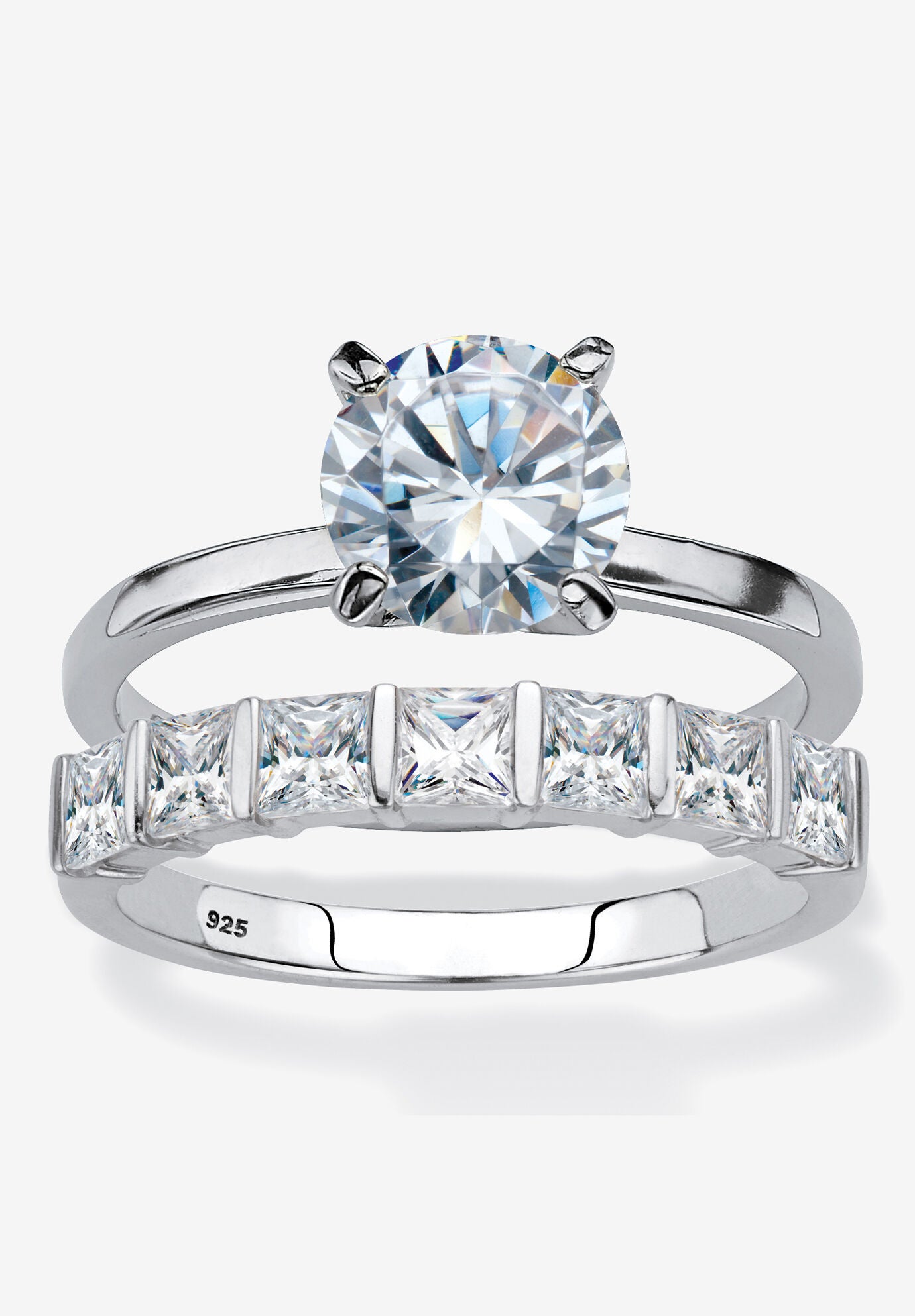 3.82 Cttw. Cubic Zirconia Platinum Plated Silver 2 Piece Bridal Ring Set Avenue