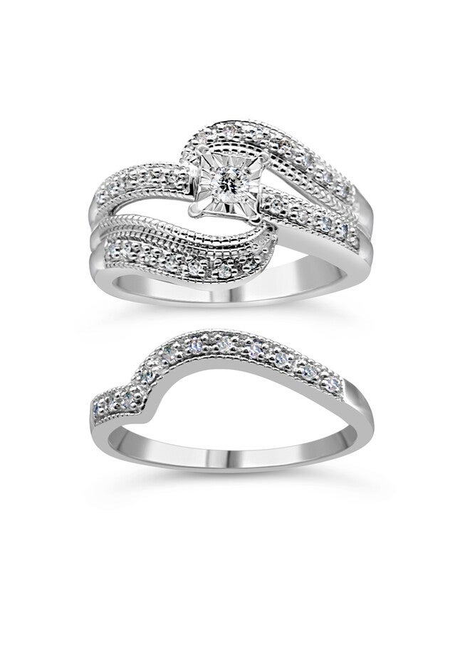 Silver 1/3 Cttw Round Diamond Crisscross Engagement Ring Bridal Set, , on-hover image number null