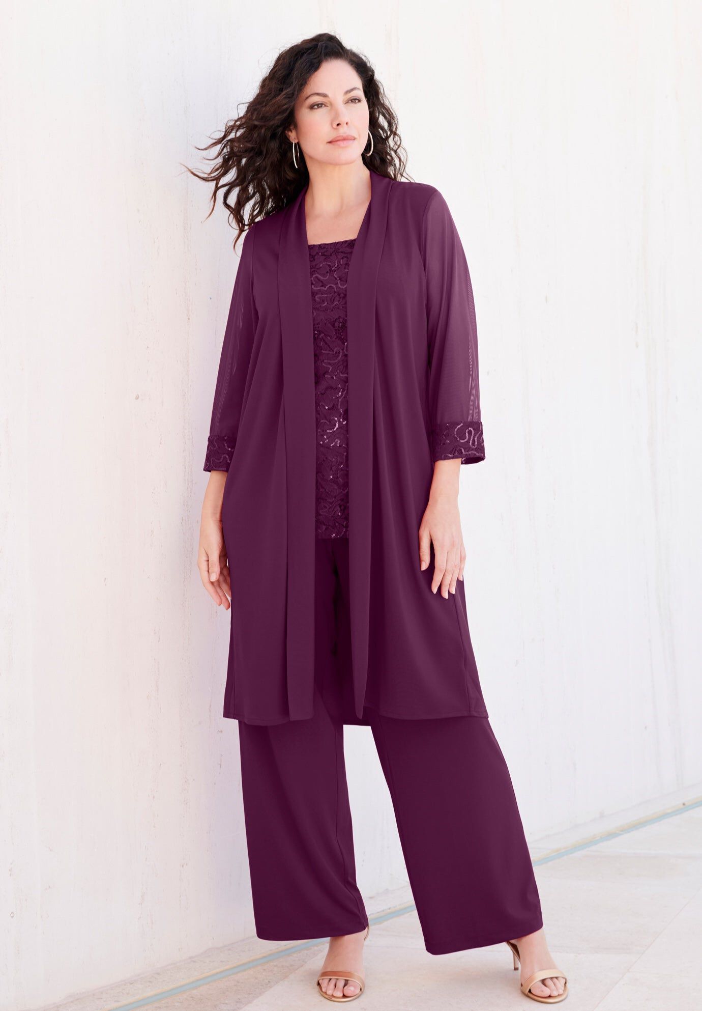 Plus-Size 3 Piece Knit Embellished Pant Set