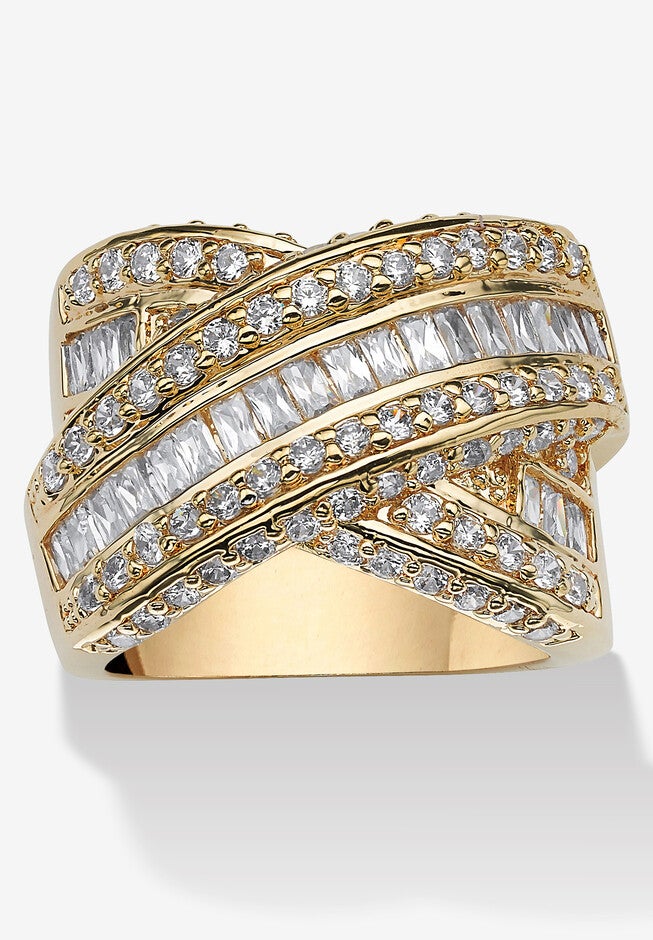 3.64 Tcw Baguette Cut Cubic Zirconia Yellow Gold-Plated Crossover Ring, GOLD, hi-res image number 0