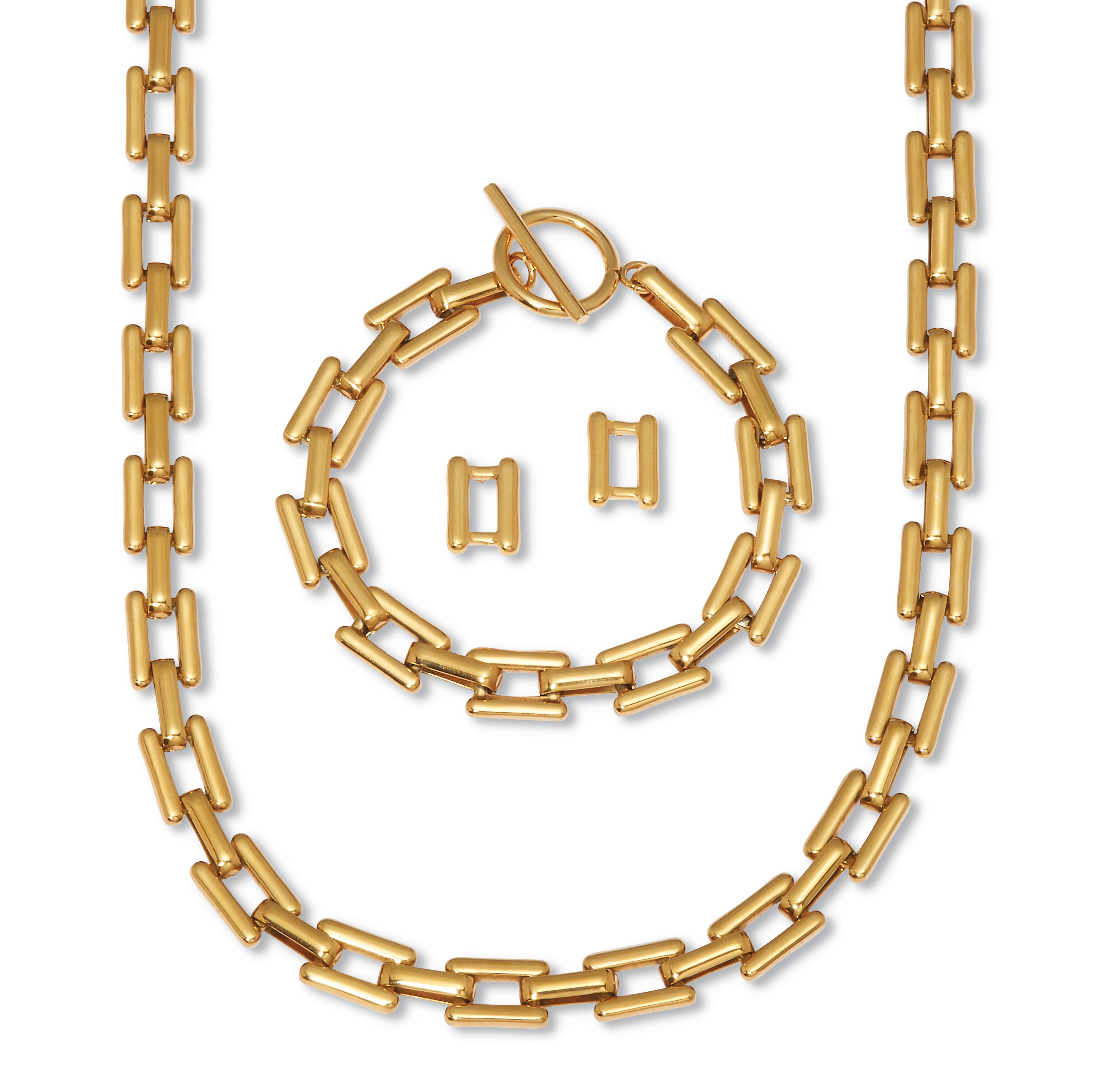 Yellow Gold Ion-Plated Stainless Steel Square Link Jewelry 3-Piece Set, GOLD, hi-res image number 0