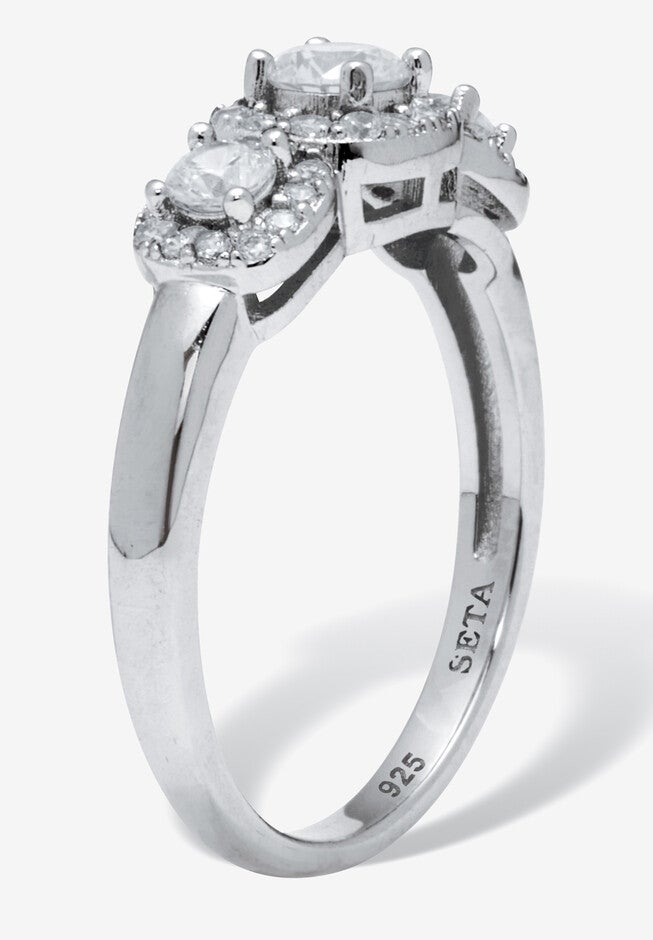 0.69 Tcw Round Cubic Zirconia Sterling Silver 3-Stone Halo Ring, , on-hover image number null