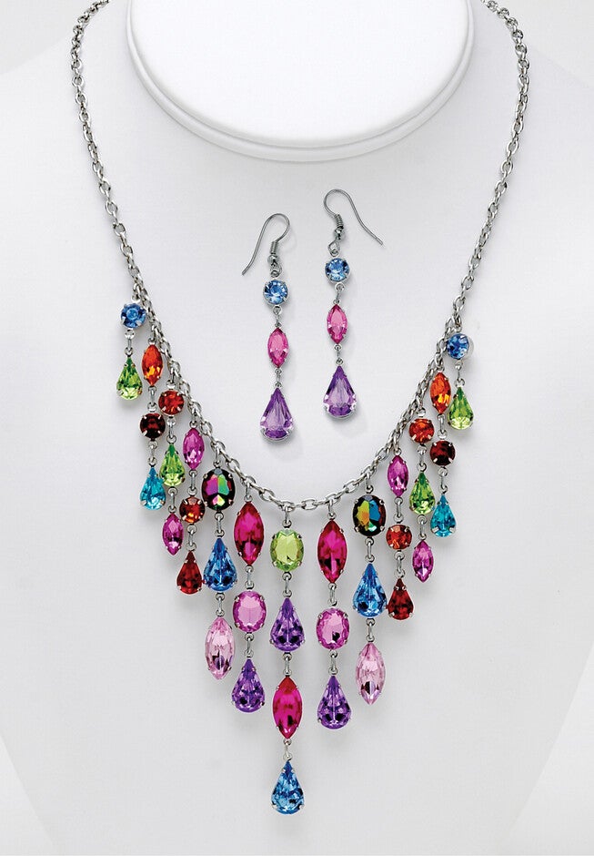Multicolor Crystal Bib Necklace And Earrings 2-Piece Set In Antiqued Silvertone, , alternate image number null