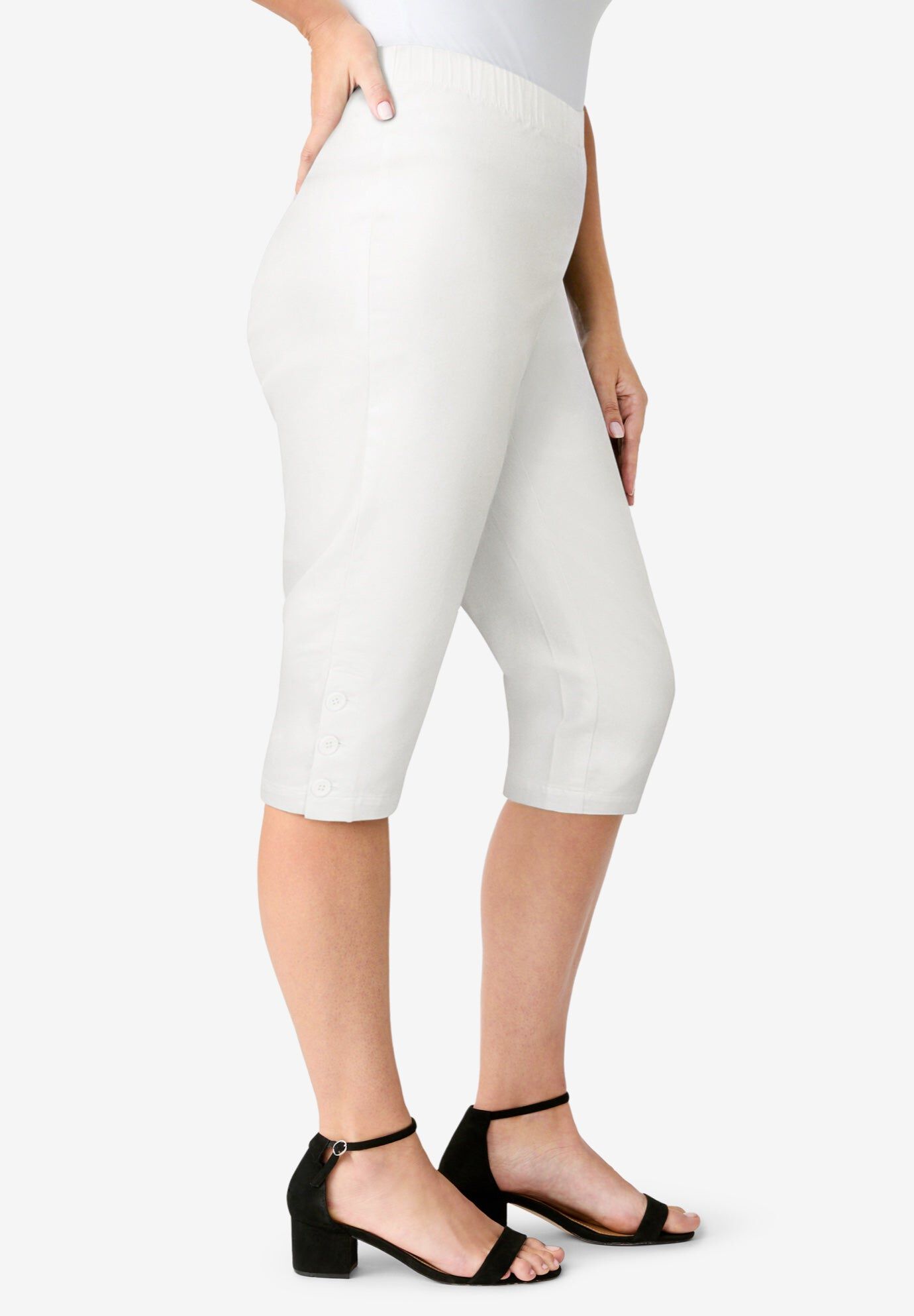Plus Size Comfort Stretch Button Detail Capri Jean, WHITE DENIM, hi-res image number 0