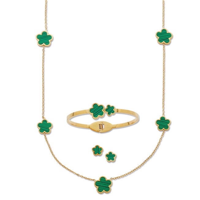 Genuine Green Malachite Gold Ion-Plated Stainless Steel Clover Jewelry Set, GREEN, hi-res image number null