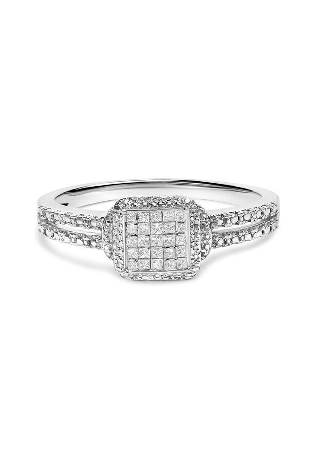 Silver 1/4 Cttw Princess-Cut Diamond Composite Ring With Beaded Halo, SILVER, hi-res image number null