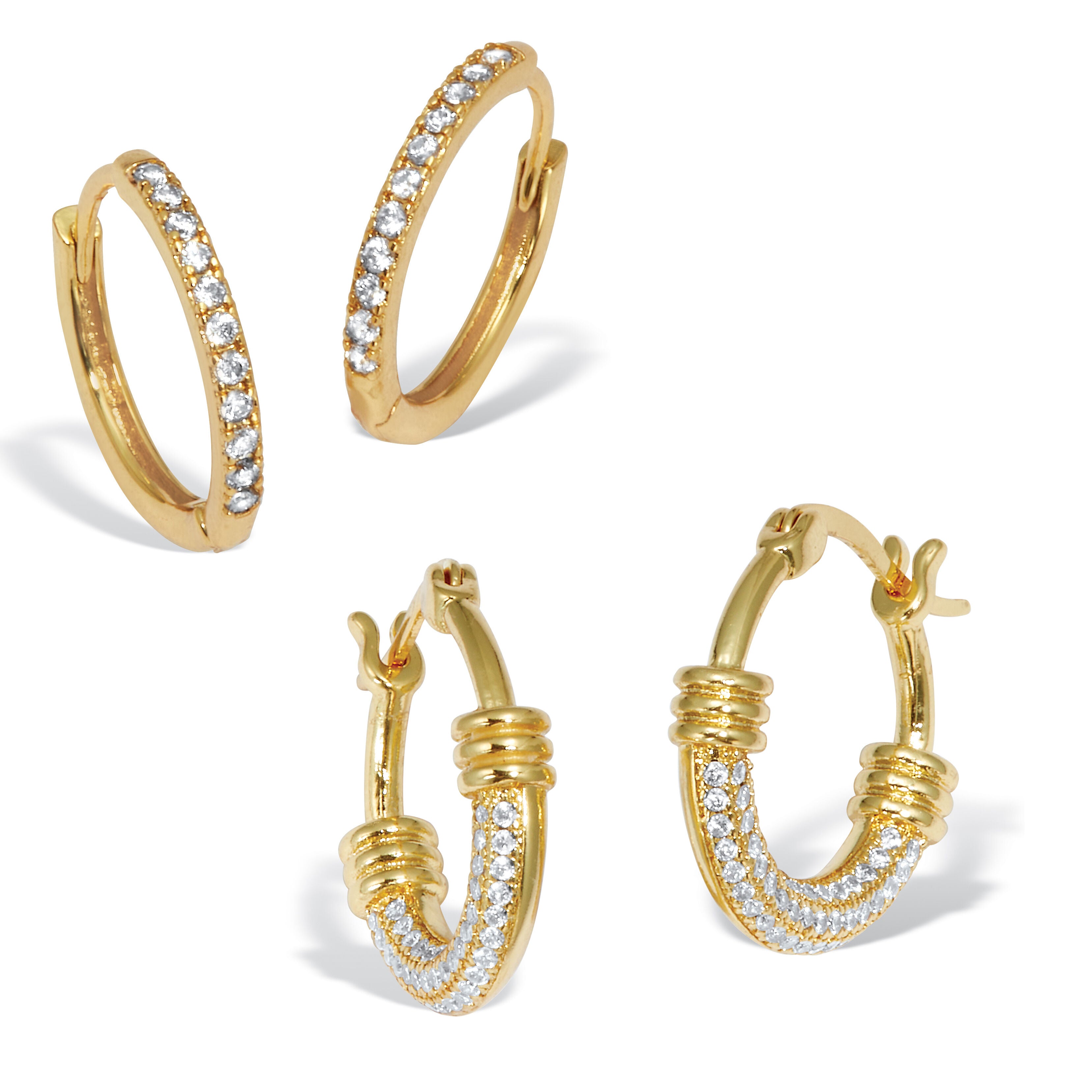Round Crystal Goldtone Hoop Earrings, 2-Pair Set, WHITE, hi-res image number 0