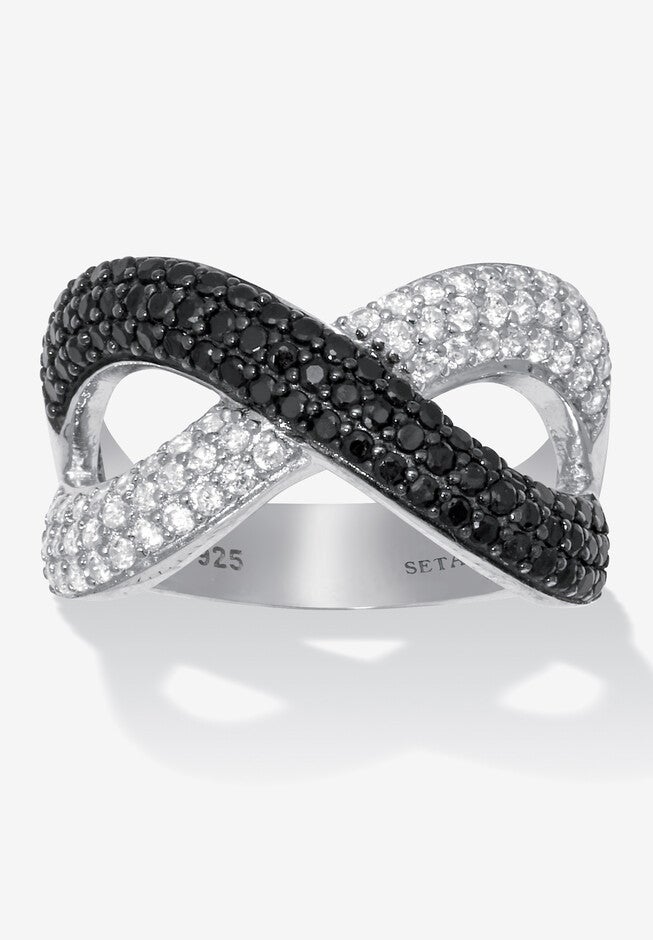 .54 Tcw Round Genuine Zircon And Black Spinel Sterling Silver Crossover Ring, BLACK, hi-res image number null